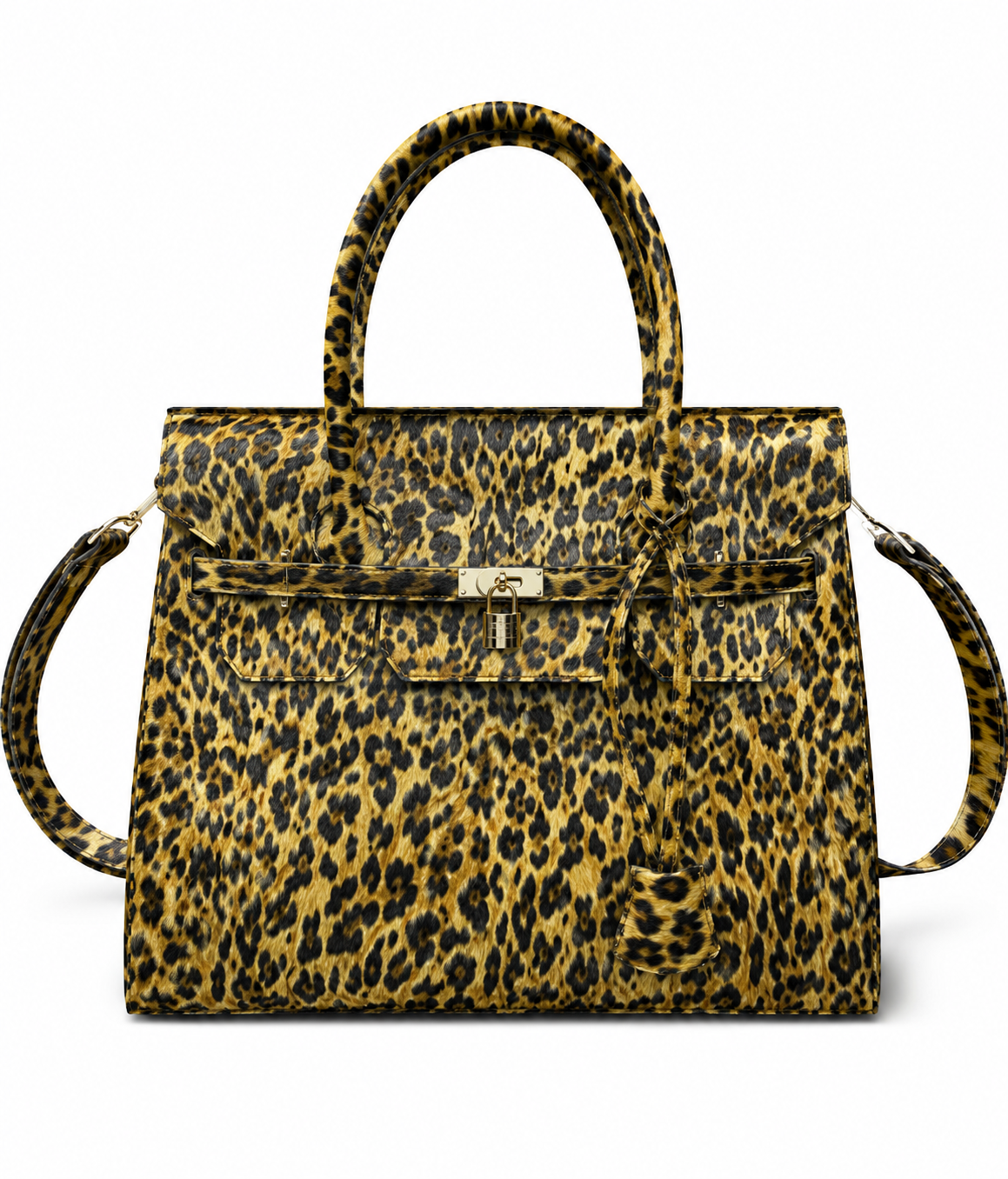 A structured leopard-print handbag with dual top handles, a front flap and pocket, and a detachable shoulder strap, shown on a plain white background.