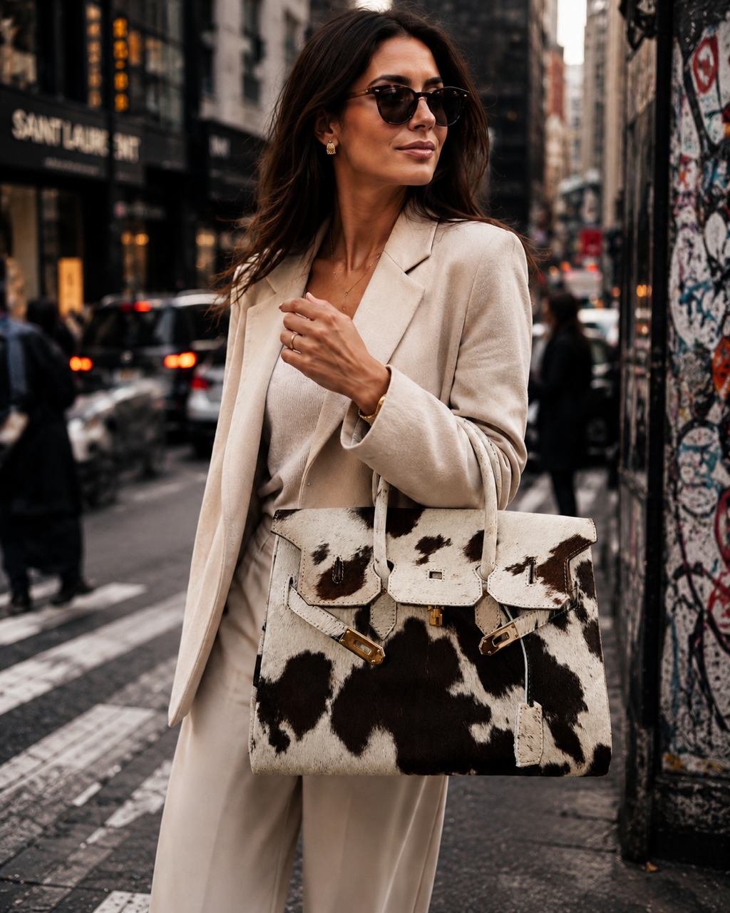 A woman in a beige blazer and matching pants carries a large structured handbag with a black-and-white cowhide pattern and gold-tone hardware on a city street.