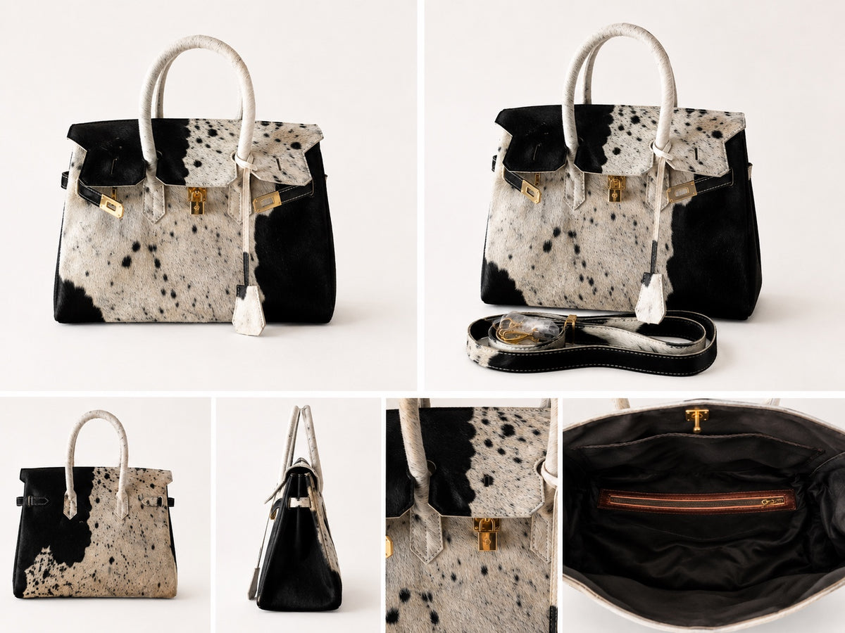 A structured handbag with a black and white cowhide pattern, featuring cream-colored handles and trim, photographed against a solid white background.