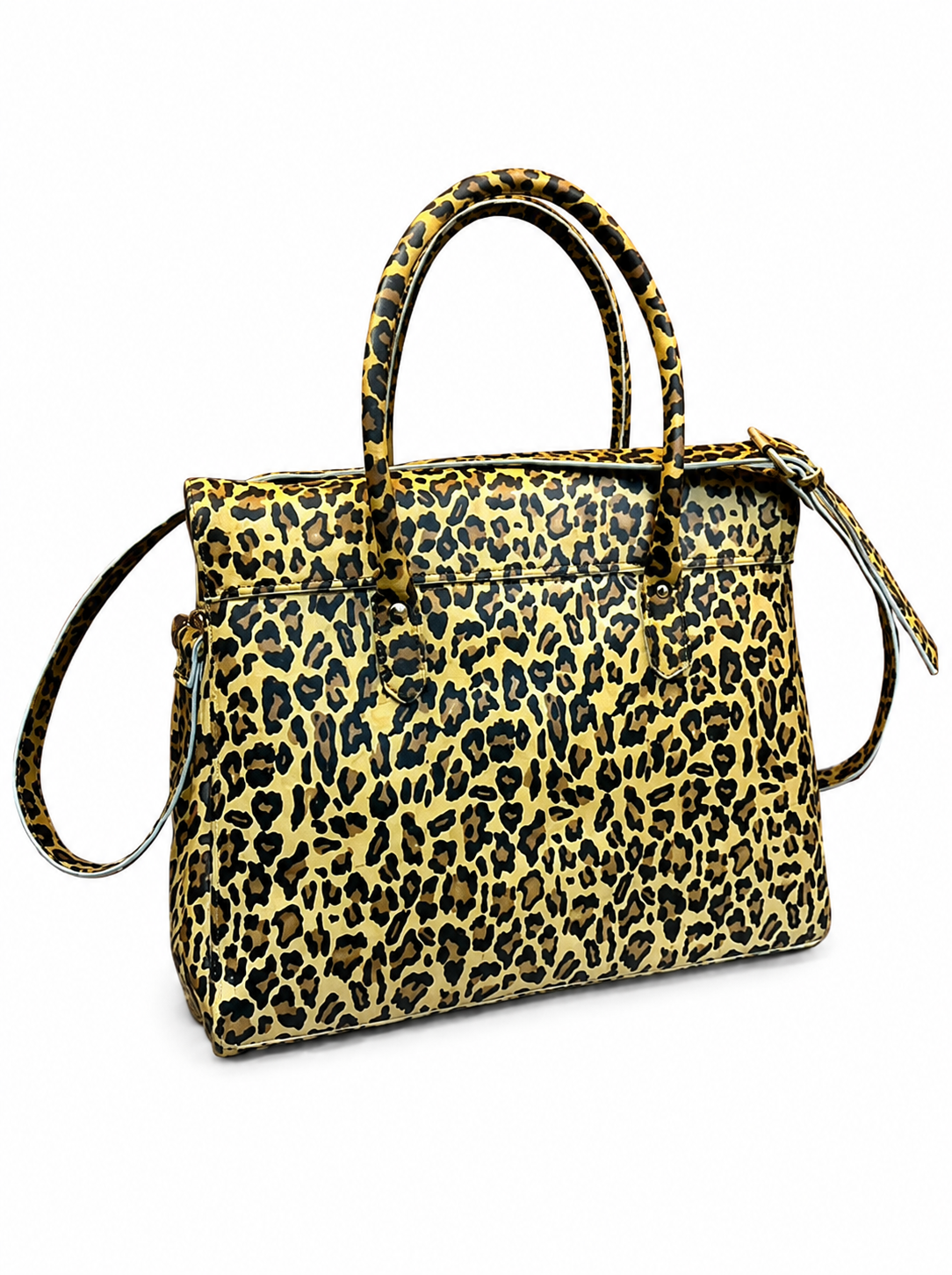 A leopard print handbag with a yellow and black pattern, featuring dual top handles and a detachable shoulder strap, shown on a plain white background.