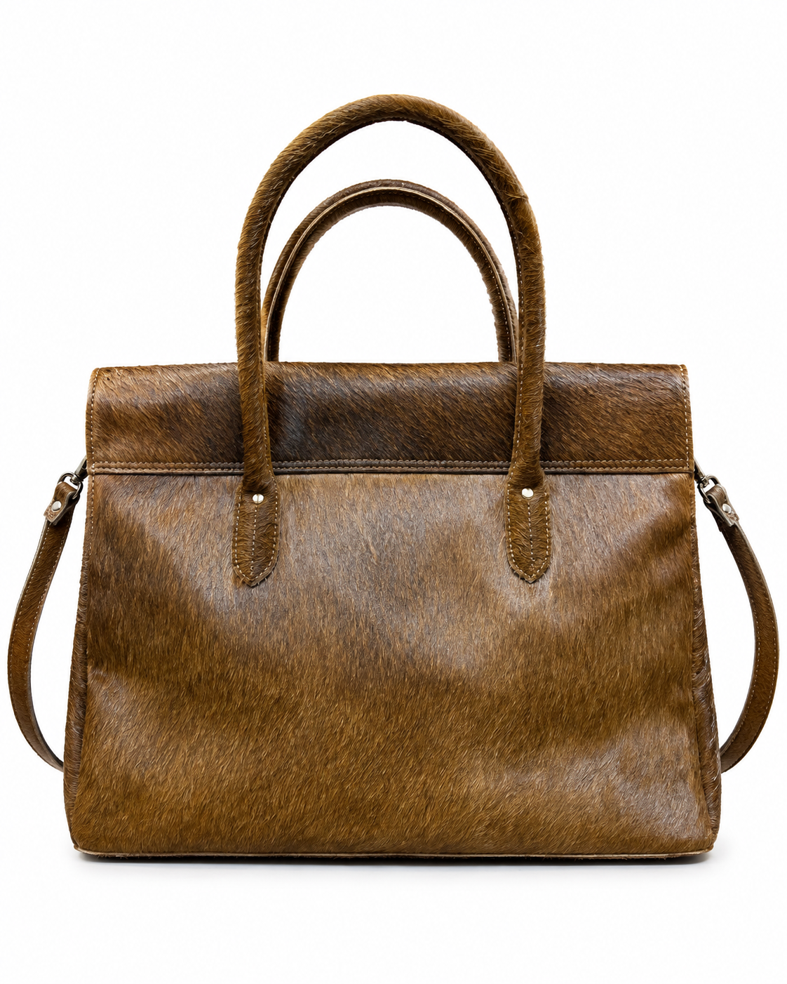 A brown textured leather handbag with dual top handles and a matching shoulder strap, shown against a plain white background.